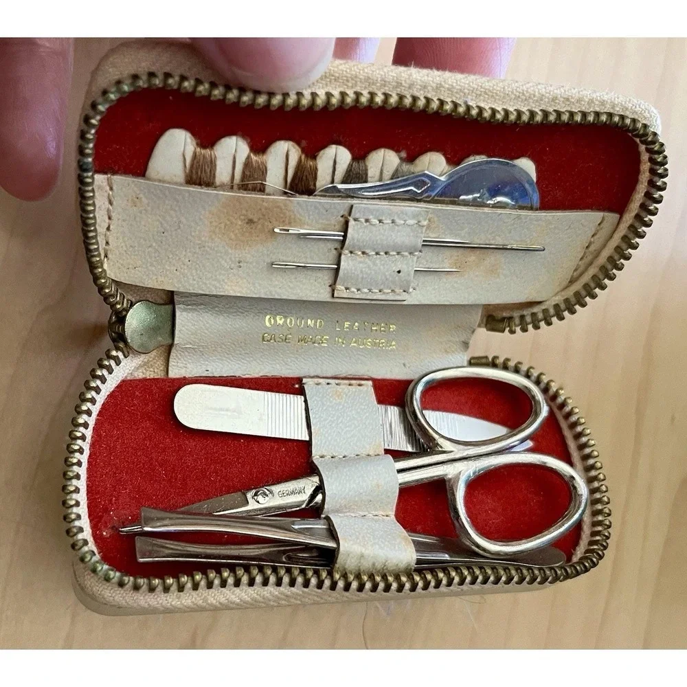 Vintage Made in Austria Leather Travel Sewing Grooming Kit Clothes Brush Cream